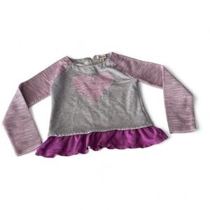 Cherokee Girls Long Sleeve Top - Gray/Purple Size 7/8 Heart Patch & Ruffle Hem